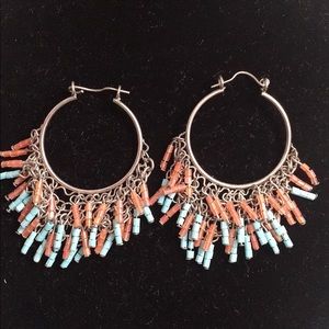 ring earrings, turquoise and coral beads.  2 "long